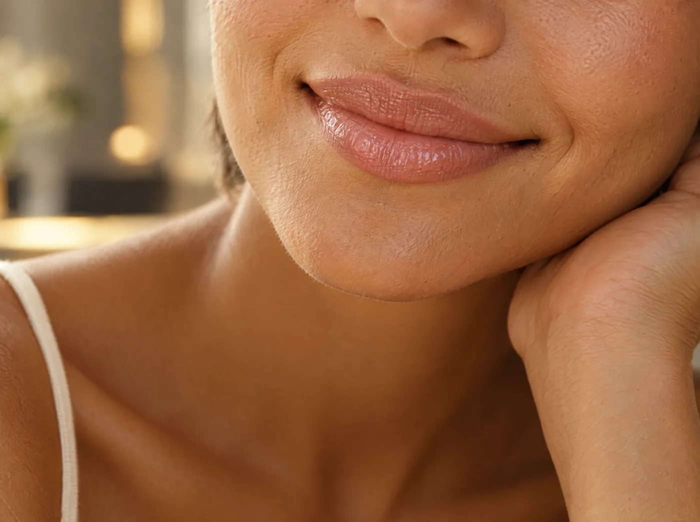 Labios y mentón de una mujer con resultado natural de ácido hialurónico, fotografiados de cerca con luz cálida