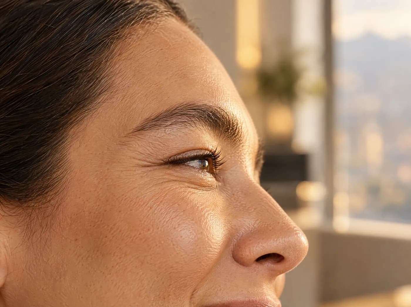 Rostro de perfil de una mujer de unos 40 años, recortado a la altura de los ojos, con expresión relajada y piel con textura natural