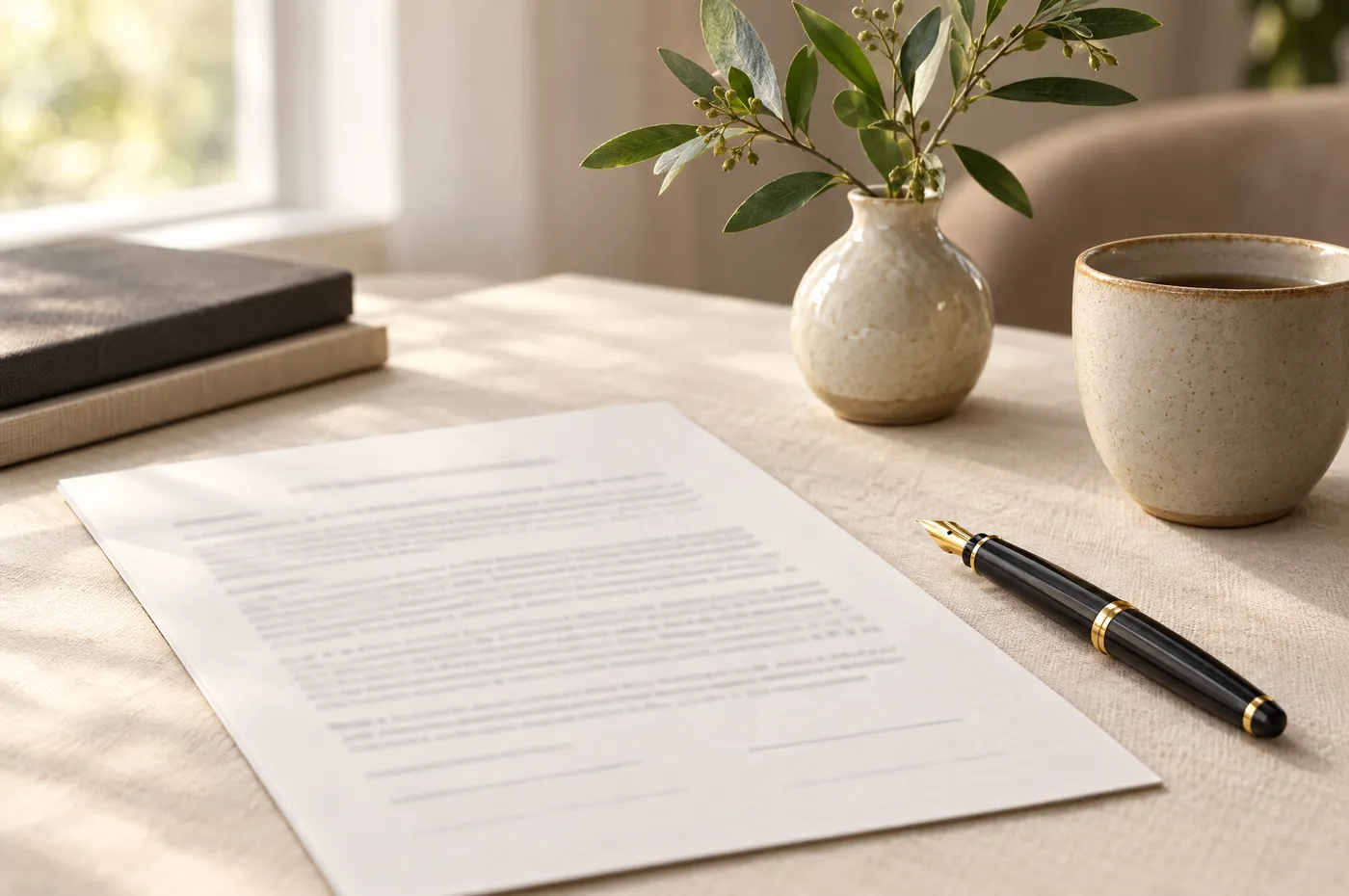 Escritorio de consultorio con un formulario de consentimiento informado, un bolígrafo y una taza, en tonos crema y dorado