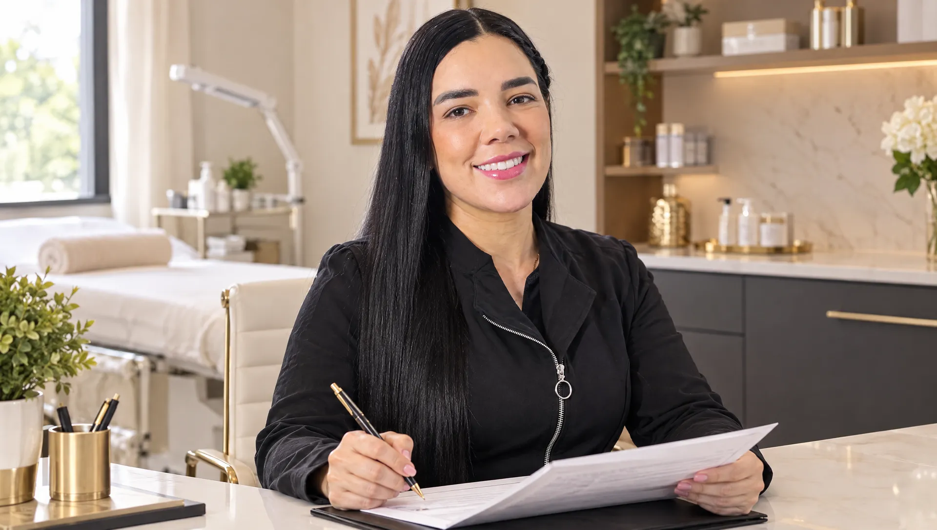 La Dra. Daniela Díez en su consultorio revisando una historia clínica, con su chaqueta clínica negra y luz natural