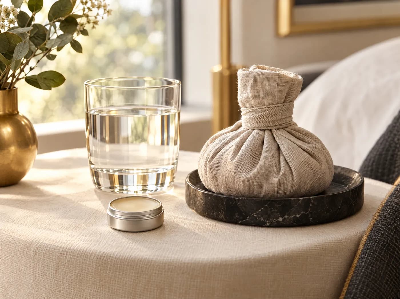 Mesa de noche con un bálsamo labial sin marca, un vaso de agua y una compresa fría envuelta en tela de lino