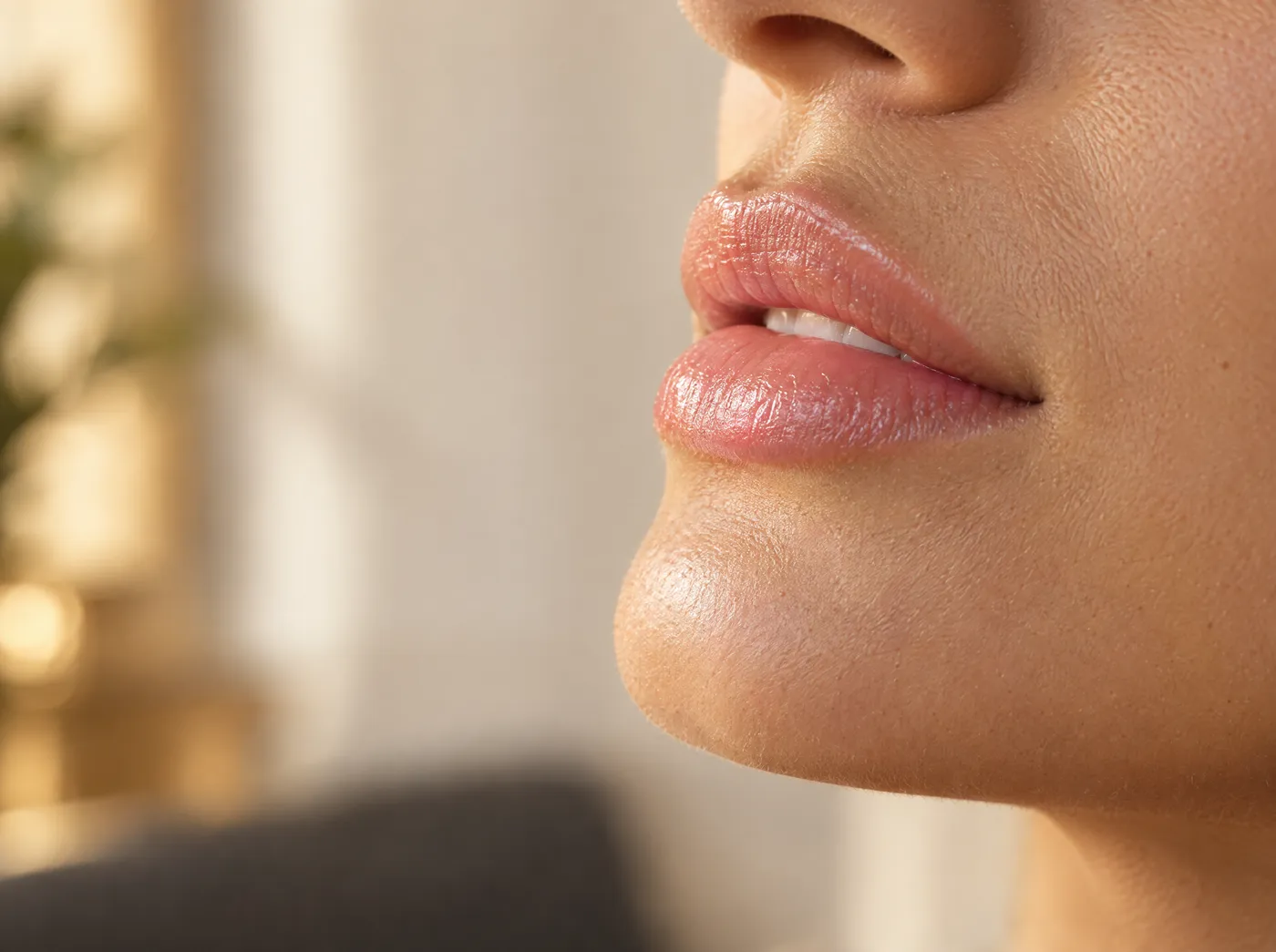 Perfil recortado de unos labios con volumen natural y contorno definido, con luz de ventana
