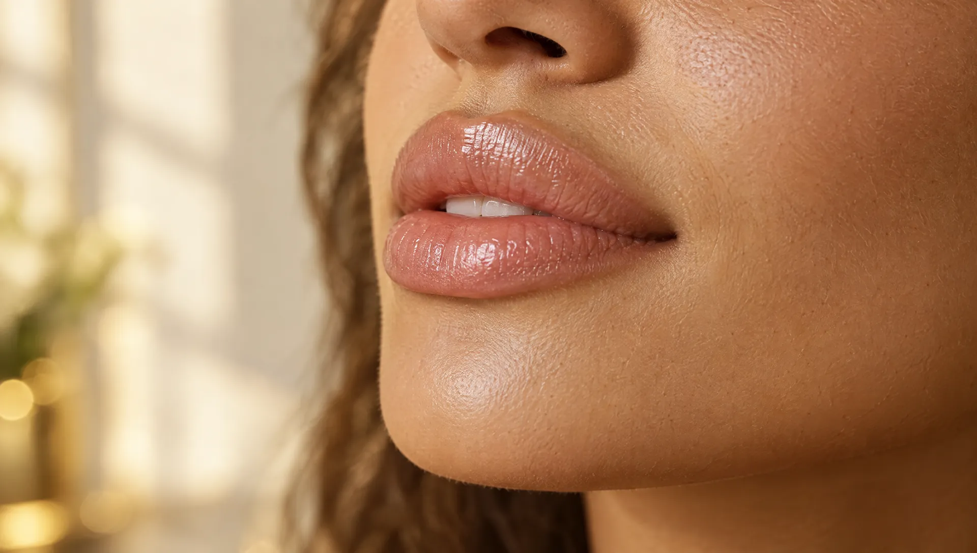 Detalle de unos labios naturales e hidratados después de un relleno con ácido hialurónico, con luz cálida