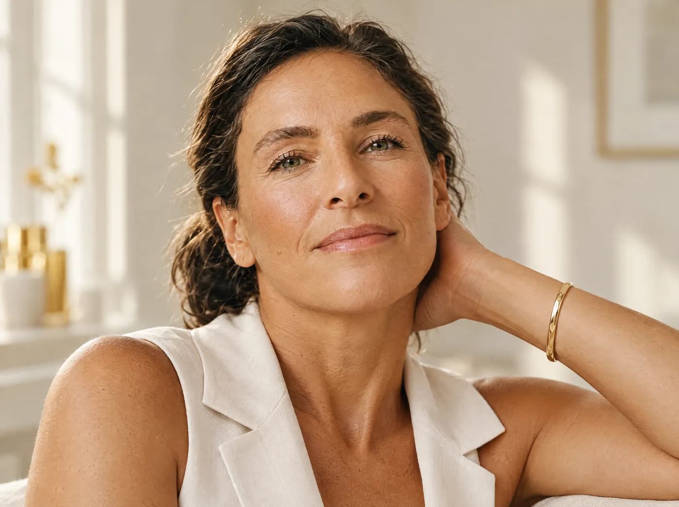 Retrato de perfil de una mujer de unos 50 años con piel luminosa y líneas de expresión naturales, sin maquillaje recargado