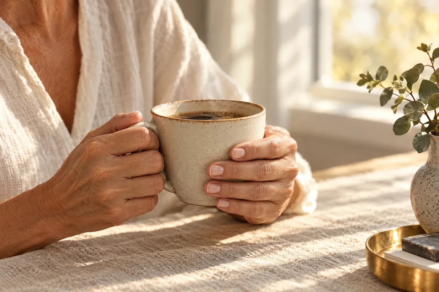 Manos de una mujer madura sosteniendo una taza de café junto a una ventana con luz de mañana