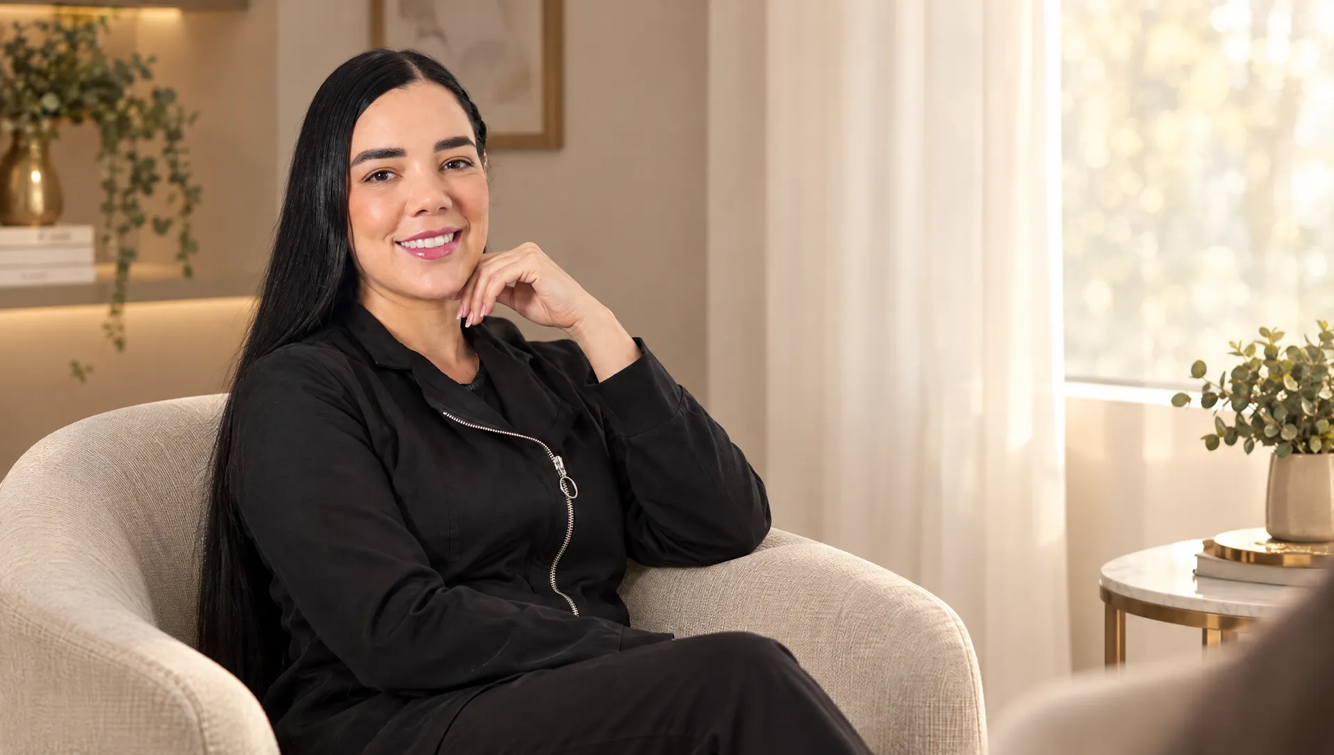 La Dra. Daniela Díez sentada en un sillón de su consultorio, conversando con calma y luz natural de tarde