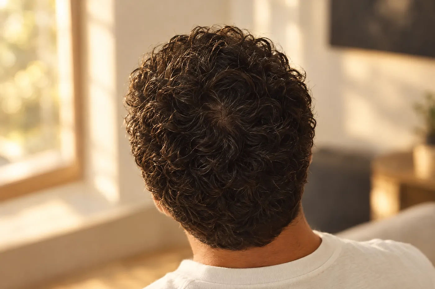 Coronilla de un hombre de espaldas con cabello corto y denso bajo luz natural cálida