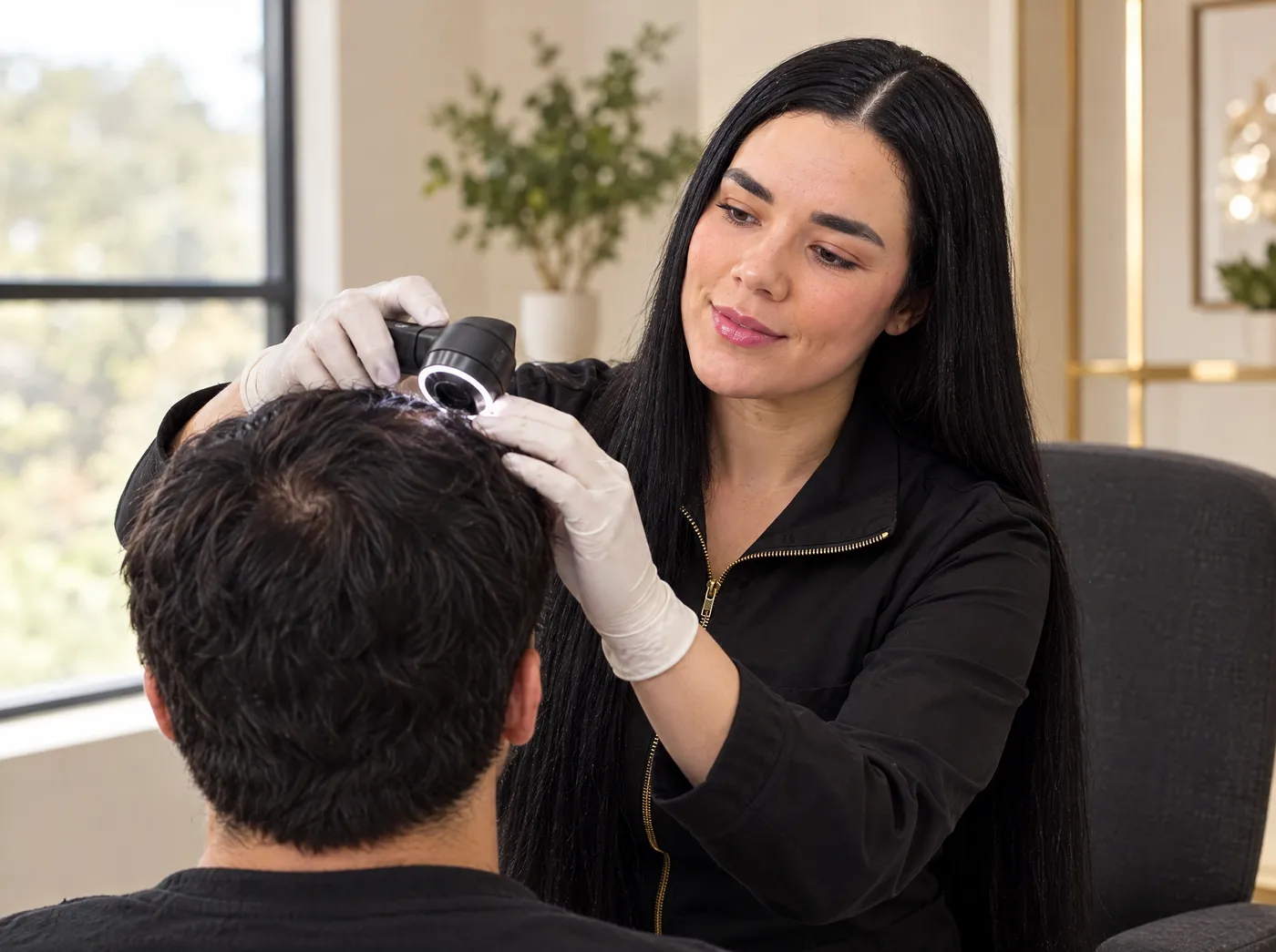 Médica de cabello negro largo con chaqueta clínica negra examinando con dermatoscopio el cuero cabelludo de un paciente de espaldas