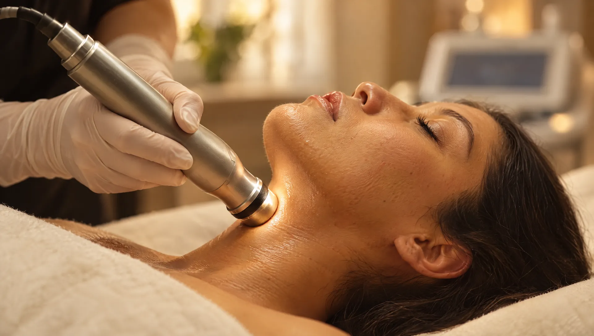 Sesión de radiofrecuencia facial en un consultorio cálido, con la paciente recostada y el rostro fuera de foco