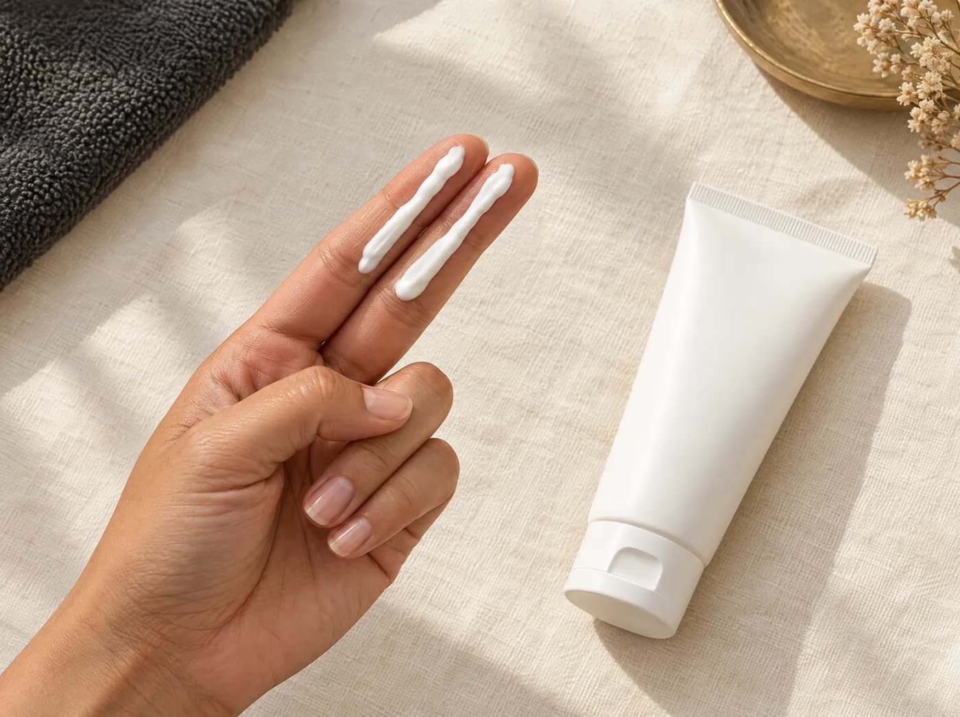 Dos líneas de protector solar blanco sobre los dedos índice y medio de una mano, con frasco genérico sin etiqueta al lado